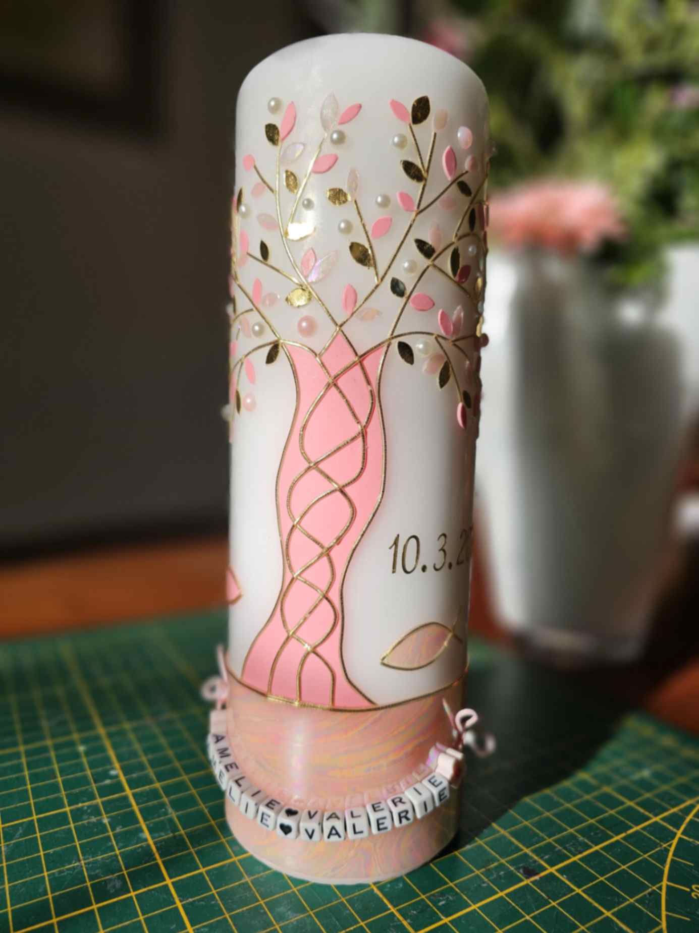 Taufkerze rosa Lebensbaum